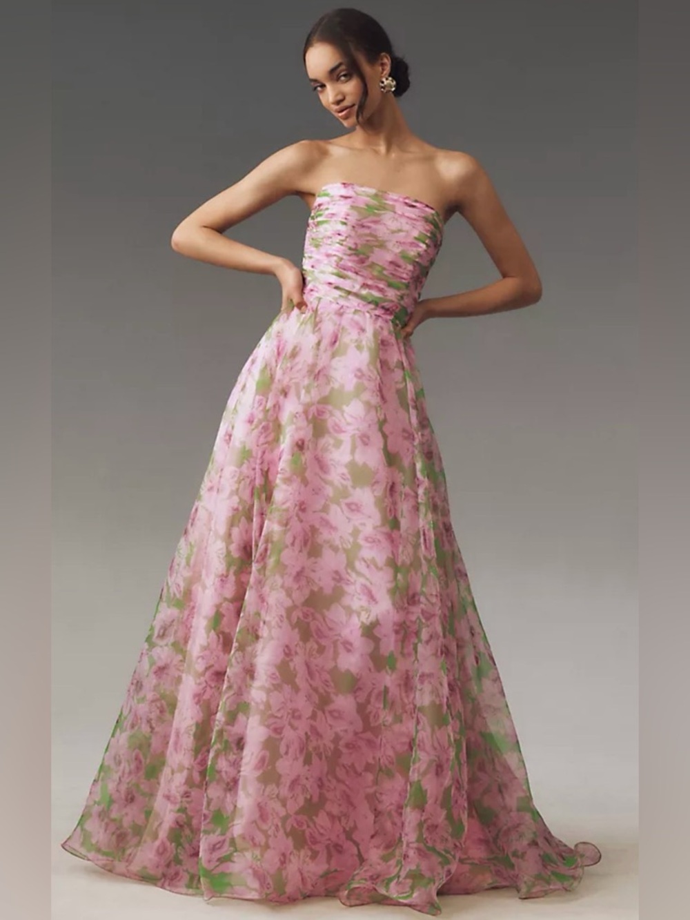 Mac Duggal Pink and Green Strapless Floral Ball Gown
